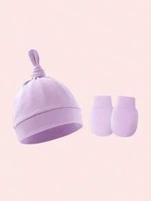 4pcs/Set Newborn Pink Pacifier Hat + Anti-Scratch Mittens Set, Suitable For Baby Daily Wear