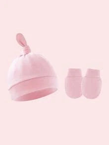 4pcs/Set Newborn Pink Pacifier Hat + Anti-Scratch Mittens Set, Suitable For Baby Daily Wear