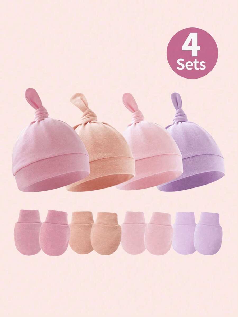 4pcs/Set Newborn Pink Pacifier Hat + Anti-Scratch Mittens Set, Suitable For Baby Daily Wear