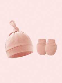 4pcs/Set Newborn Pink Pacifier Hat + Anti-Scratch Mittens Set, Suitable For Baby Daily Wear
