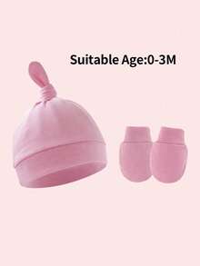 4pcs/Set Newborn Pink Pacifier Hat + Anti-Scratch Mittens Set, Suitable For Baby Daily Wear