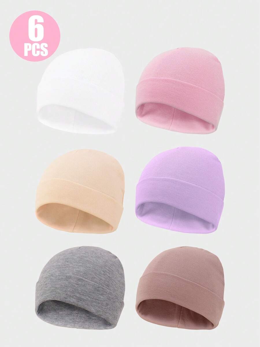 6pcs/Set 0-3M Newborn Cute Solid Color Knit Hat Set, Suitable For Autumn/Winter Daily Wear, Baby Beanie