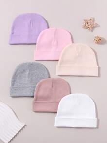 6pcs/Set 0-3M Newborn Cute Solid Color Knit Hat Set, Suitable For Autumn/Winter Daily Wear, Baby Beanie
