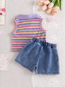 SHEIN 2pcs Baby Girls Cute Blue And Yellow Striped Vest Top&Skort Set Summer Family Matching Sleeveless Collared V-Neck Top Elastic Waist Shorts Skirt