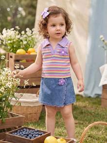 SHEIN 2pcs Baby Girls Cute Blue And Yellow Striped Vest Top&Skort Set Summer Family Matching Sleeveless Collared V-Neck Top Elastic Waist Shorts Skirt