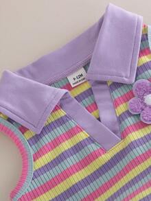 SHEIN 2pcs Baby Girls Cute Blue And Yellow Striped Vest Top&Skort Set Summer Family Matching Sleeveless Collared V-Neck Top Elastic Waist Shorts Skirt