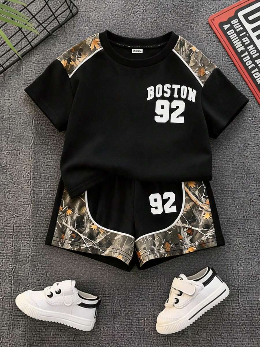 SHEIN 2pcs Toddler Unisex Baby Boy/Girl Casual Fashionable Color Block Camouflage Print Short Sleeve T-Shirt And Shorts Set