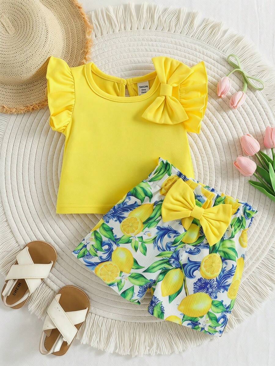 SHEIN Baby Girl Round Neck Bow Decor Ruffle T-Shirt And Shorts Set, Suitable For Everyday Wear, Outings And Vacations, All Seasons