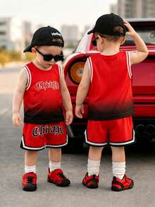 SHEIN Genkimix Kids 2pcs/Set Toddler Boys' Red & Black Sports Chic Letter Print Ombre Design Sleeveless Vest & Shorts Set