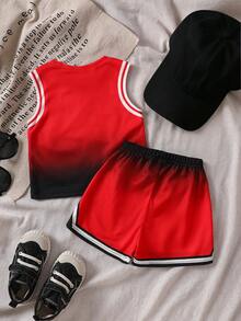 SHEIN Genkimix Kids 2pcs/Set Toddler Boys' Red & Black Sports Chic Letter Print Ombre Design Sleeveless Vest & Shorts Set