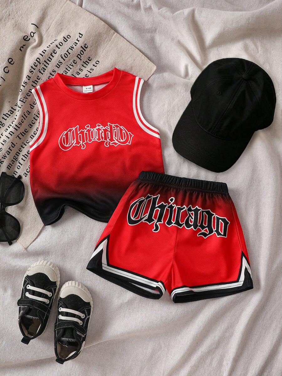 SHEIN Genkimix Kids 2pcs/Set Toddler Boys' Red & Black Sports Chic Letter Print Ombre Design Sleeveless Vest & Shorts Set