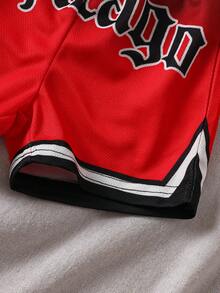 SHEIN Genkimix Kids 2pcs/Set Toddler Boys' Red & Black Sports Chic Letter Print Ombre Design Sleeveless Vest & Shorts Set