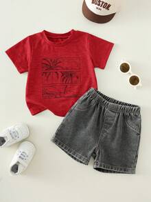 2pcs/Set Baby Boy Summer Casual Beach Vacation Green Pattern T-Shirt And Black Denim Shorts Set