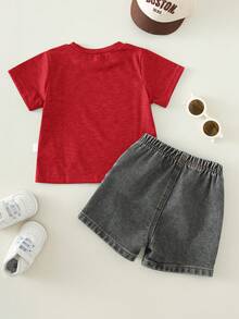2pcs/Set Baby Boy Summer Casual Beach Vacation Green Pattern T-Shirt And Black Denim Shorts Set