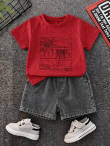 2pcs/Set Baby Boy Summer Casual Beach Vacation Green Pattern T-Shirt And Black Denim Shorts Set