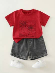 2pcs/Set Baby Boy Summer Casual Beach Vacation Green Pattern T-Shirt And Black Denim Shorts Set