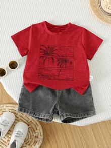 2pcs/Set Baby Boy Summer Casual Beach Vacation Green Pattern T-Shirt And Black Denim Shorts Set