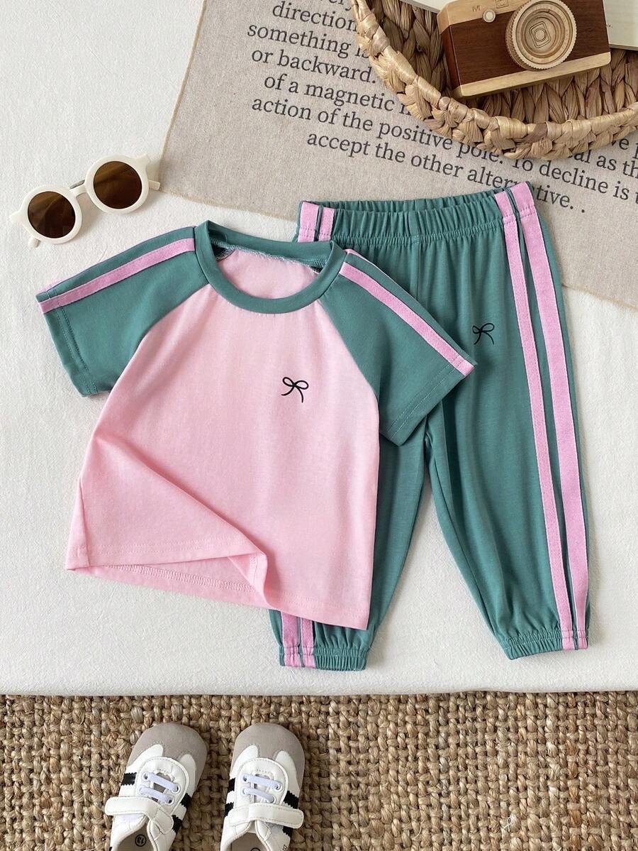 SHEIN Baby Girl 2pcs/Set Spring Summer Outfits Green And Pink Casual Vacation Sport Style Embroidery Decoration Short Puffed Sleeves Top&Stripe Long Pants
