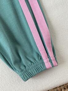 SHEIN Baby Girl 2pcs/Set Spring Summer Outfits Green And Pink Casual Vacation Sport Style Embroidery Decoration Short Puffed Sleeves Top&Stripe Long Pants