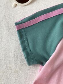 SHEIN Baby Girl 2pcs/Set Spring Summer Outfits Green And Pink Casual Vacation Sport Style Embroidery Decoration Short Puffed Sleeves Top&Stripe Long Pants