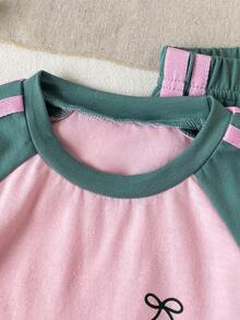 SHEIN Baby Girl 2pcs/Set Spring Summer Outfits Green And Pink Casual Vacation Sport Style Embroidery Decoration Short Puffed Sleeves Top&Stripe Long Pants