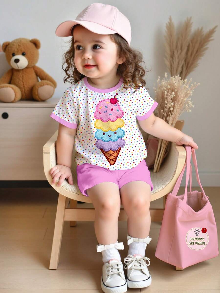 2pcs/Set Baby Girl Casual Cute Summer Ice Cream Pattern, Colorful Polka Dot Print Short Sleeve T-Shirt And Solid Color Shorts Set