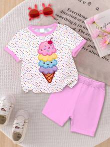 2pcs/Set Baby Girl Casual Cute Summer Ice Cream Pattern, Colorful Polka Dot Print Short Sleeve T-Shirt And Solid Color Shorts Set