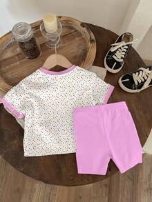 2pcs/Set Baby Girl Casual Cute Summer Ice Cream Pattern, Colorful Polka Dot Print Short Sleeve T-Shirt And Solid Color Shorts Set
