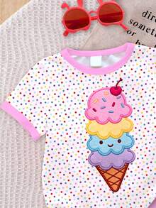 2pcs/Set Baby Girl Casual Cute Summer Ice Cream Pattern, Colorful Polka Dot Print Short Sleeve T-Shirt And Solid Color Shorts Set