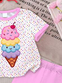 2pcs/Set Baby Girl Casual Cute Summer Ice Cream Pattern, Colorful Polka Dot Print Short Sleeve T-Shirt And Solid Color Shorts Set