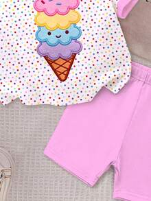 2pcs/Set Baby Girl Casual Cute Summer Ice Cream Pattern, Colorful Polka Dot Print Short Sleeve T-Shirt And Solid Color Shorts Set