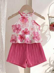 SHEIN Playful Pals 2pcs Baby Girl Toddler/Newborn 0-3Y Spring/Summer Dopamine Vibrant Color Vacation Sleeveless Top + Shorts Set, Infant Spring/Summer Outfit
