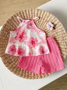 SHEIN Playful Pals 2pcs Baby Girl Toddler/Newborn 0-3Y Spring/Summer Dopamine Vibrant Color Vacation Sleeveless Top + Shorts Set, Infant Spring/Summer Outfit