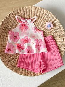 SHEIN Playful Pals 2pcs Baby Girl Toddler/Newborn 0-3Y Spring/Summer Dopamine Vibrant Color Vacation Sleeveless Top + Shorts Set, Infant Spring/Summer Outfit