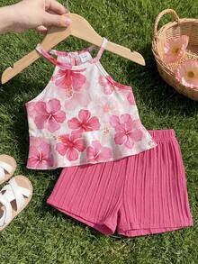 SHEIN Playful Pals 2pcs Baby Girl Toddler/Newborn 0-3Y Spring/Summer Dopamine Vibrant Color Vacation Sleeveless Top + Shorts Set, Infant Spring/Summer Outfit