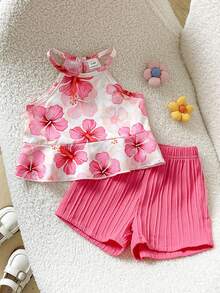 SHEIN Playful Pals 2pcs Baby Girl Toddler/Newborn 0-3Y Spring/Summer Dopamine Vibrant Color Vacation Sleeveless Top + Shorts Set, Infant Spring/Summer Outfit