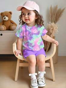 2pcs Baby Girl Cute Purple Tie-Dye Heart Print Short Sleeve T-Shirt And Shorts Set,Summer Vacation Casual Outfit For Sisters Matching,Parties & Daily