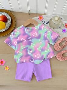 2pcs Baby Girl Cute Purple Tie-Dye Heart Print Short Sleeve T-Shirt And Shorts Set,Summer Vacation Casual Outfit For Sisters Matching,Parties & Daily