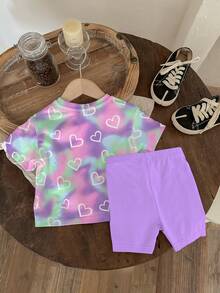 2pcs Baby Girl Cute Purple Tie-Dye Heart Print Short Sleeve T-Shirt And Shorts Set,Summer Vacation Casual Outfit For Sisters Matching,Parties & Daily