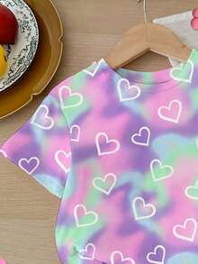 2pcs Baby Girl Cute Purple Tie-Dye Heart Print Short Sleeve T-Shirt And Shorts Set,Summer Vacation Casual Outfit For Sisters Matching,Parties & Daily