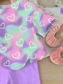 2pcs Baby Girl Cute Purple Tie-Dye Heart Print Short Sleeve T-Shirt And Shorts Set,Summer Vacation Casual Outfit For Sisters Matching,Parties & Daily