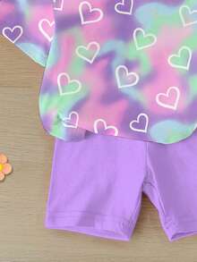 2pcs Baby Girl Cute Purple Tie-Dye Heart Print Short Sleeve T-Shirt And Shorts Set,Summer Vacation Casual Outfit For Sisters Matching,Parties & Daily