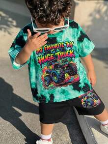 SHEIN 2pcs/Pack Unisex Baby Boy Girl Summer Tie-Dye Racing Car Print Round Neck Short Sleeve Top And Shorts Set,Cute Shades Of Green Vacation Outfit