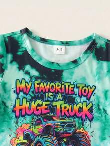 SHEIN 2pcs/Pack Unisex Baby Boy Girl Summer Tie-Dye Racing Car Print Round Neck Short Sleeve Top And Shorts Set,Cute Shades Of Green Vacation Outfit
