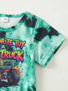 SHEIN 2pcs/Pack Unisex Baby Boy Girl Summer Tie-Dye Racing Car Print Round Neck Short Sleeve Top And Shorts Set,Cute Shades Of Green Vacation Outfit