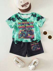 SHEIN 2pcs/Pack Unisex Baby Boy Girl Summer Tie-Dye Racing Car Print Round Neck Short Sleeve Top And Shorts Set,Cute Shades Of Green Vacation Outfit
