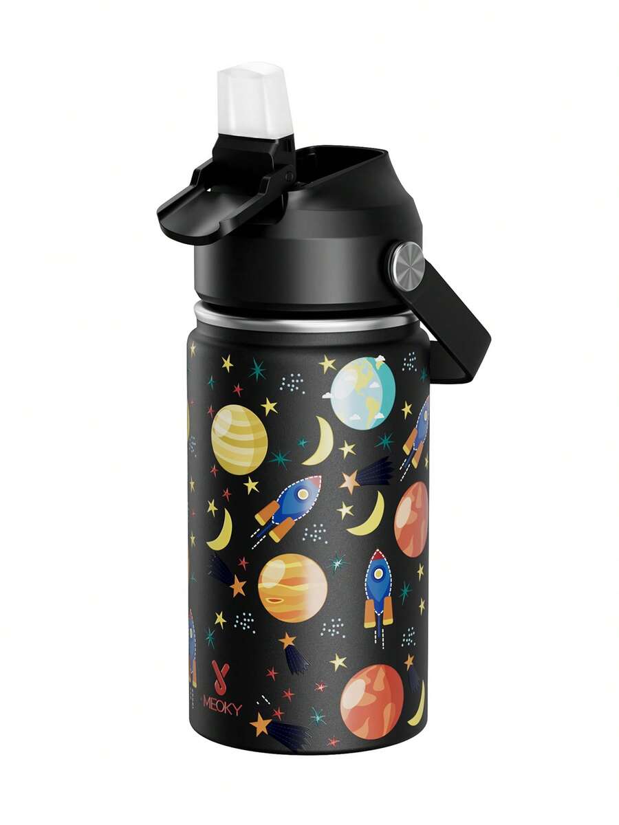 12oz/355ml Stainless Steel Vacuum Insulated Water Bottle With Leak-Proof Nipple Cap And Soft Silicone Straw, Suitable For Students And Outdoor Travel