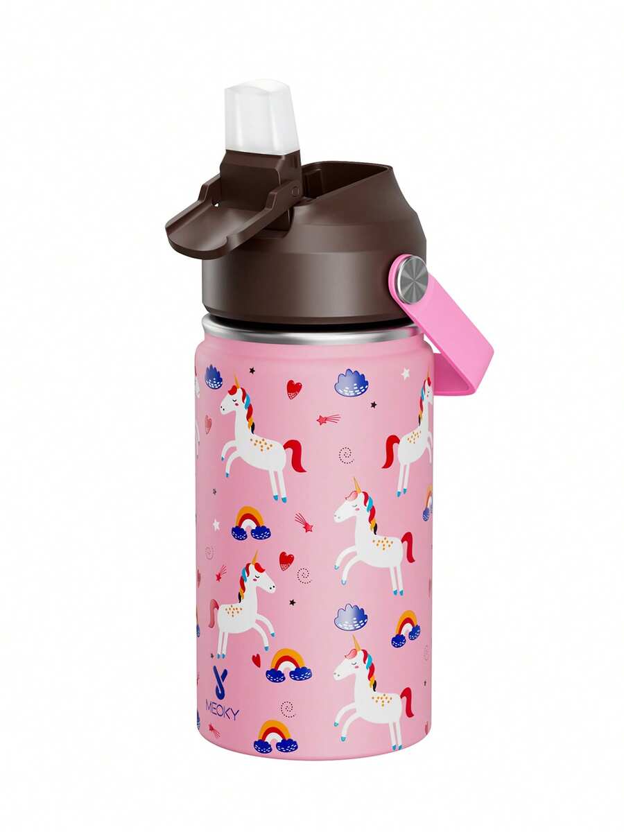 12oz/355ml Stainless Steel Vacuum Insulated Water Bottle With Leak-Proof Nipple Cap And Soft Silicone Straw, Suitable For Students And Outdoor Travel