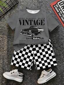 Baby Boy Casual T-Shirt Set Suitable For Summer, Classic Retro Racing Car Graphic Print, Cool Slogan Graphic Print, Classic Black And White Checkered Flag Print