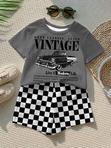 Baby Boy Casual T-Shirt Set Suitable For Summer, Classic Retro Racing Car Graphic Print, Cool Slogan Graphic Print, Classic Black And White Checkered Flag Print